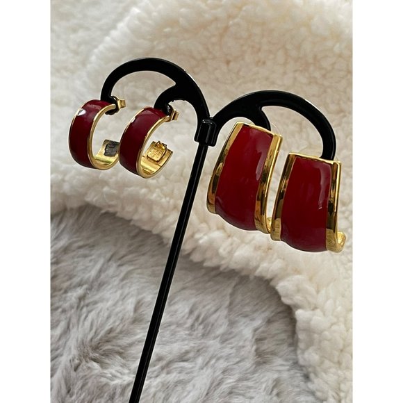 Vintage Avon Gold Tone Red Enamel Semi-Hoop Earrings - 2 Pairs - Picture 5 of 12
